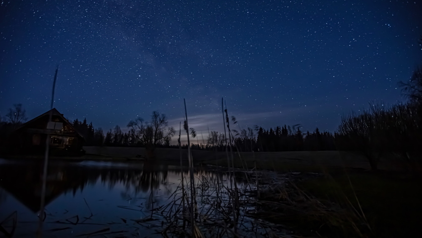 Milky Way and moon moving across sky over cabin by a lake at night. Beautiful reflections in water. 