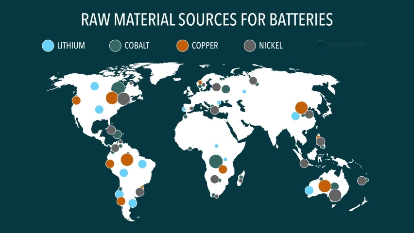 Map of raw material sources for battery production around the world Royalty-Free Stock Footage #1095171639