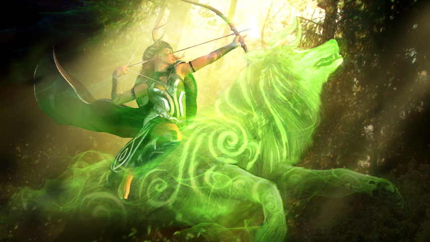 A beautiful female archer in a sunny forest, riding a green magical horned wolf spirit with patterns on his body, she is the guardian of the forest pulling a magic arrow. clean looped 2d animation | Shutterstock HD Video #1095174987