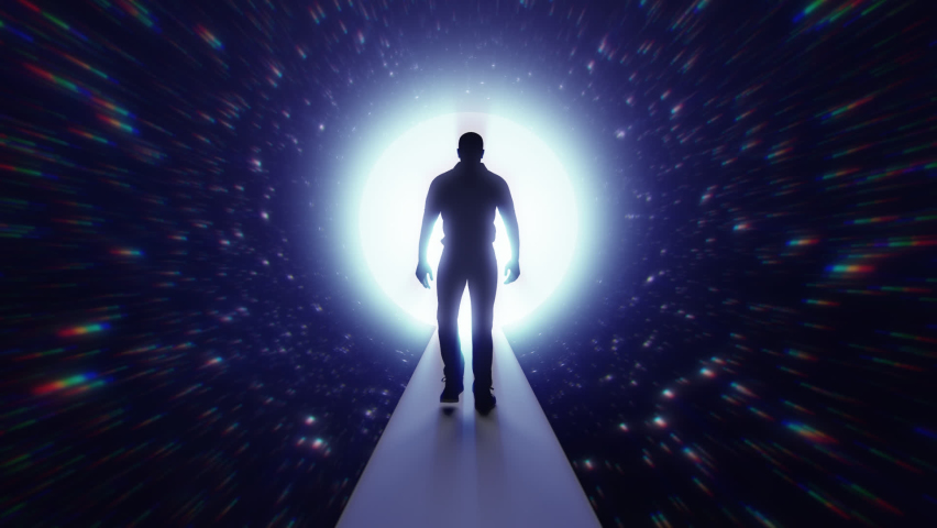 Looped 3d animation of a man walking through the stars to the light | Shutterstock HD Video #1095175877