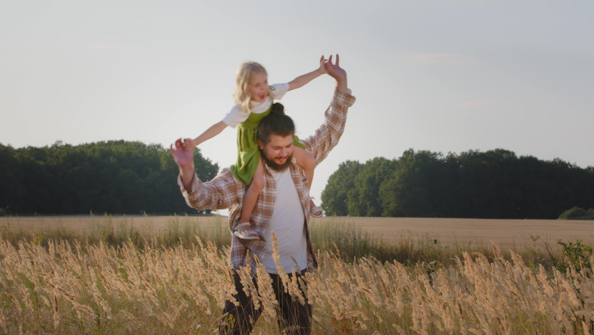 Piggyback game in field bearded Caucasian man father daddy dad in wheat nature outdoors holding little daughter child girl on neck small kid playing airplane flight hands like wings family having fun Royalty-Free Stock Footage #1095176899