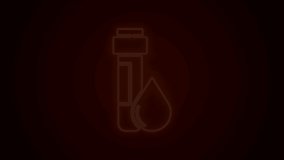 Glowing neon line Test tube with water drop icon isolated on black background. 4K Video motion graphic animation.