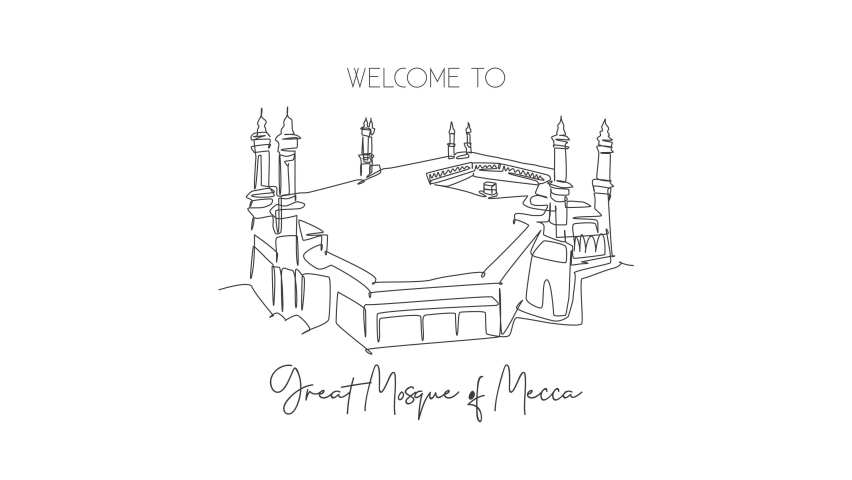 Animated self drawing of continuous line draw great mosque of masjid al haram landmark. Famous place in Mecca, Saudi Arabia. Hajj umrah wall decor poster concept. Full length single line animation. | Shutterstock HD Video #1095184491
