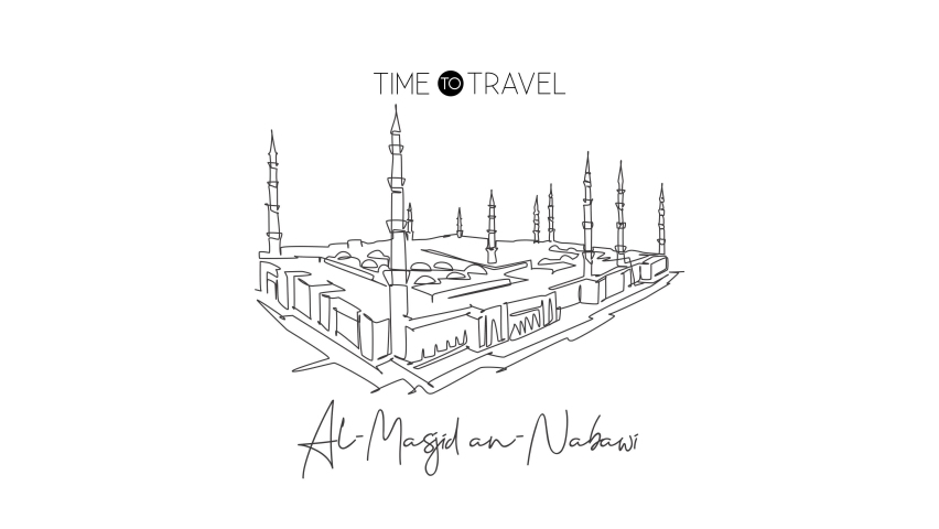 Animated self drawing of continuous line draw Masjidil An Nabawi landmark. Holy masjid at Medina Saudi Arabia. Religious hajj umrah pray place concept. Wall decor. Full length single line animation. | Shutterstock HD Video #1095184533