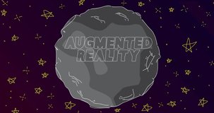 Line Art cartoon moon with Augmented Reality text. Abstract night sky with a Grey Planet and stars. Cartoon animation video.