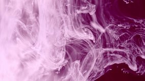 Abstract video with splash of white and pink paint in the water. Fluid textures of colored smoke in slow motion. Splashes of ink on purple background.
