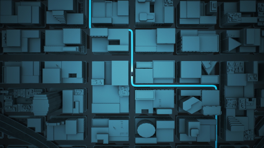 Virtual 3D GPS Map HUD Display of Driverless Car Navigating City Streets Reaching Destination Smart Electric Vehicle Autonomous AI Driven Transportation Concept. 3D Illustration Royalty-Free Stock Footage #1095195953
