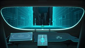 Inside Autnomous Car Navigating City Streets Reaching Destination Virtual 3D GPS Map HUD Display Smart Electric Vehicle Autonomous AI Driven Transportation Concept. 3D Illustration - Powered by Shutterstock - Get 15% off with code: PIKWIZARD15