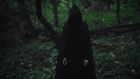 A mysterious black figure in a tunic and hood stands in the middle of a dark forest. Witch and evil in the forest. - Powered by Shutterstock - Get 15% off with code: PIKWIZARD15