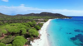  Best beaches of Corsica island. Aerial drone video of three beaches near Porto Vecchio - Palombaggia, Tamaricciu, Folaca with turquoise sea and white sand