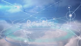 Animation of network of connections over register text and clouds. Global business and digital interface concept digitally generated video. - Powered by Shutterstock - Get 15% off with code: PIKWIZARD15