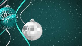 Animation of merry christmas text over baubles. Christmas, celebration and digital interface concept digitally generated video.