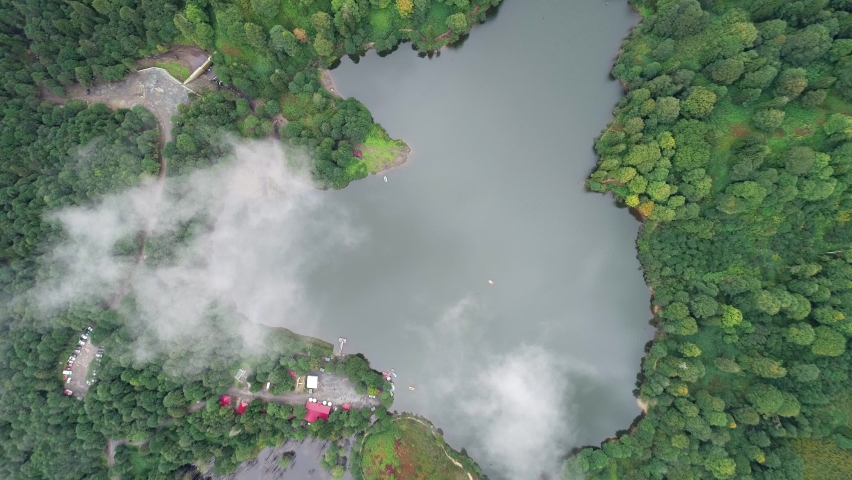 Aerial drone footage of Karagol landscape among the clouds in Borcka district of Artvin.
