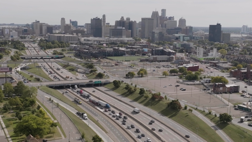 Detroit , Mihcigan , United States - 10 01 2022: Traffic on Interstate 94 in Detroit Aerial 4K