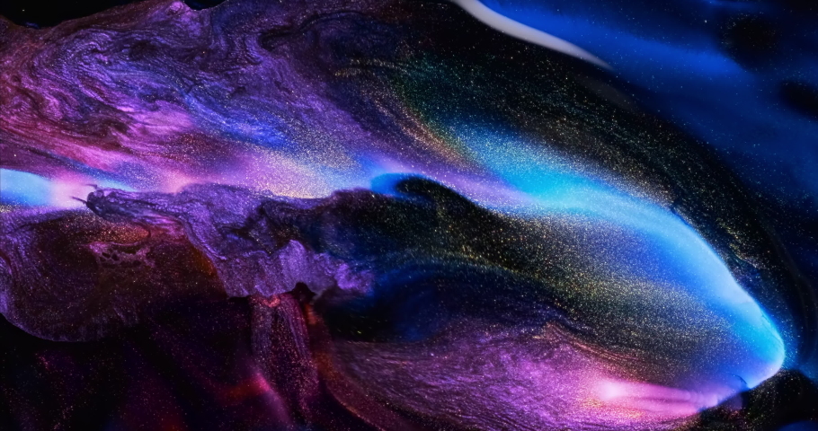 Lilac blue black dark paint abstract background. Dark purple violet ink splash wave spreads closeup. 4k sparkling liquid footage. Glitter Sequins shine in black acrylic fluid art. Space galaxy concept Royalty-Free Stock Footage #1095223777