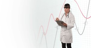 Animation of financial data and graphs over caucasian female doctor. Health, medicine, finance and technology concept digitally generated video.