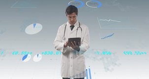 Animation of financial data and graphs over caucasian male doctor. Health, medicine, finance and technology concept digitally generated video.