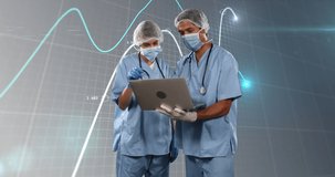Animation of financial data and graphs over caucasian female and male surgeons. Health, medicine, finance and technology concept digitally generated video.