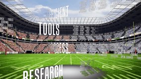 Animation of text and data processing over stadium. Global sport and digital interface concept digitally generated video.