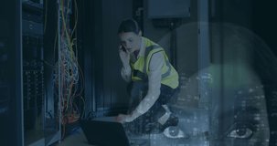 Animation of data processing over caucasian female worker in server room. Global technology, computing and digital interface concept digitally generated video.