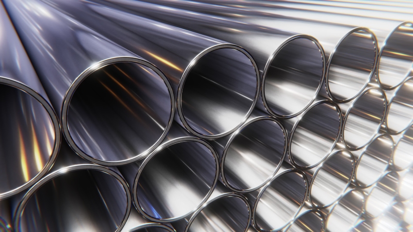 Tracking DOF camera looping 3D animation of the stainless steel pipes stacked at warehouse rendered in UHD | Shutterstock HD Video #1095234273