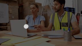 Animation of profile icons connected with lines, coworkers discussing over laptop and pointing up. Digital composite, multiple exposure, teamwork, business, warehouse, communication and technology. - Powered by Shutterstock - Get 15% off with code: PIKWIZARD15