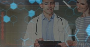 Animation of data processing over caucasian male doctor with patient. Global medicine and digital interface concept digitally generated video.