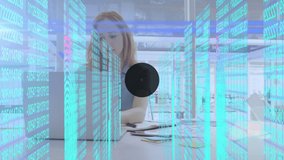 Animation of network of connections over caucasian businesswoman in office. Global business and digital interface concept digitally generated video.