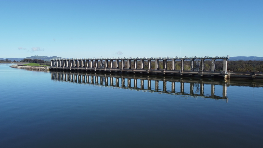 Albury, New South Wales, Australia aerial footage from drone, above Murray river near Hume dam is a major dam across the Murray River downstream of its junction in the Riverina region.