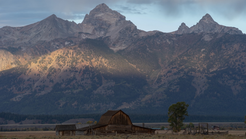 Time Lapse of John Moulton barn at Mormon Row Grand Teton National Park, Wyoming Morning Sunrise