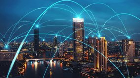 Smart digital city with connection network reciprocity over the cityscape . Concept of future smart wireless digital city and social media networking systems that connects people within the city . - Powered by Shutterstock - Get 15% off with code: PIKWIZARD15