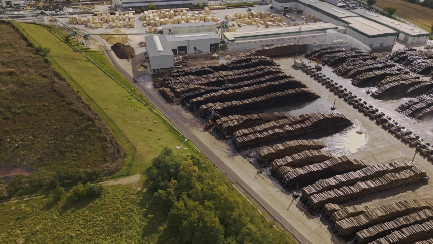 Timber industry. Drone shot on a flat area with logs stacked in straight rows