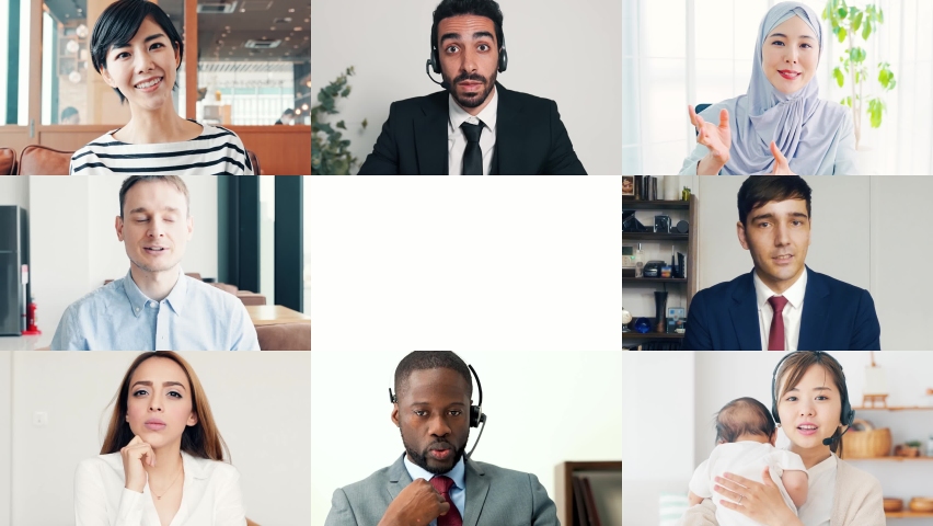 Group of multinational people talking with video calling system. Multi screen. Scaling transition from white background. | Shutterstock HD Video #1095248959
