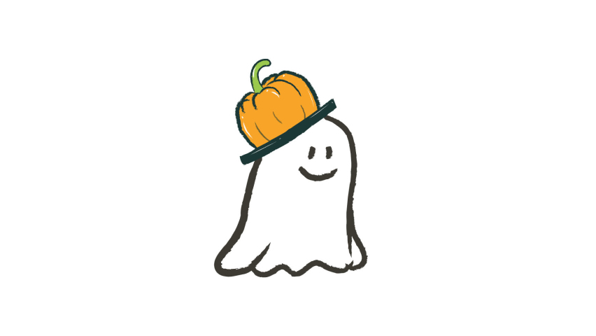 Cute white ghost with pumpkin hat cartoon illustration in footage video