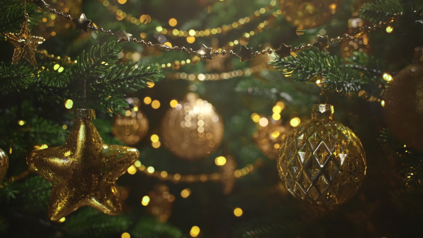 Christmas tree decorated with golden balls Royalty-Free Stock Footage #1095259535