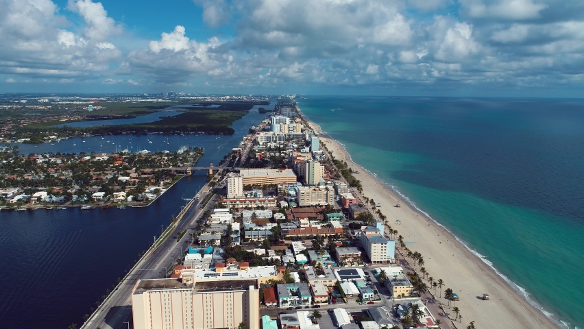 Hollywood Beach Florida. Hollywood Beach Miami USA. Aerial view of tropical scenery of Hollywood Beach Miami Florida USA. Summer travel. Tropical destination. Cityscape background. Coastal landscape