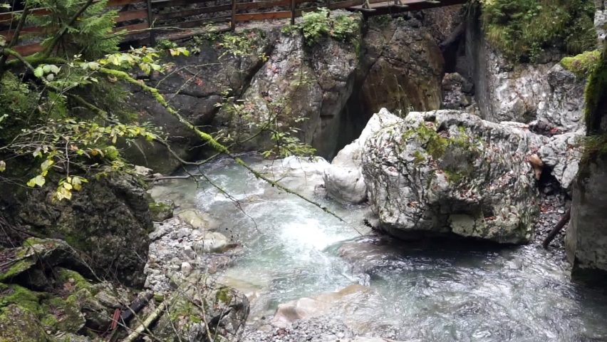 wooden bridge through a gorge  with fresh water floating in a river