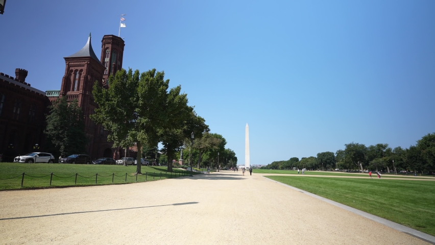 Washington Monument and the Smithsonian Institution Castle on the National Mall in Washington, DC.