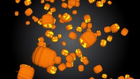 4K Stock Video of Halloween Spooky Pumpkins Flying and Falling Down 3D Animation. Rain of Pumpkin Icons on Orange Background for Autumn harvest and seasonal Thanksgiving or halloween. 3D Illustration