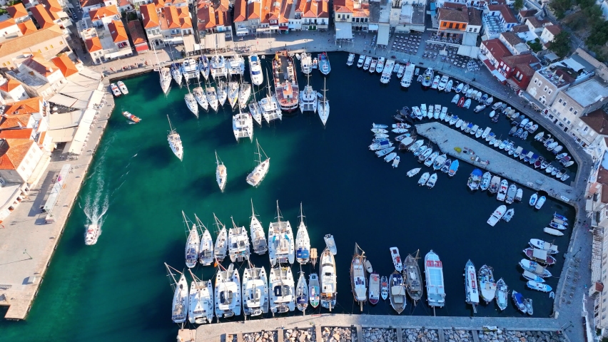 Hydra island in Greece, harbour of Hydra island with yachting port, Greek resort, seaside travel destination on the Mediterranean. High quality 4k footage