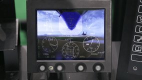 View of the monitor of an aviation simulator for pilot training. High tech system and new idea for education with modern design. Aviation emulator monitor at the exhibition.