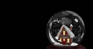 Animation of christmas snow globe with house on black background. Christmas, fesivity, celebration and tradition concept digitally generated video.