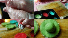 Four videos with the preparation of Mexican Sombrero cookies in three colors. Romantic atmosphere. Macro and slider shooting