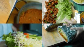 Four videos with the preparation of Very large burrito with avocado and chorizo meat. Filming in a romantic setting. Macro shooting