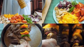 Four videos with the preparation of marinated beef kebabs with vegetables prepared on the grill