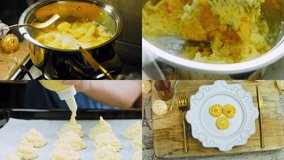 Four videos with the preparation of Potato cookies canonic recipe Brie, parmesan and Heavy cream. It is used to decorate retro plate and gold fork