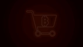 Glowing neon line Shopping cart with bitcoin icon isolated on black background. Online payment. Cash withdrawal. Modern method of payment. 4K Video motion graphic animation.