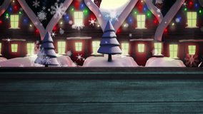 Animation of houses and christmas fairy lights flickering in winter scenery. Christmas, festivity, celebration and tradition concept digitally generated video.
