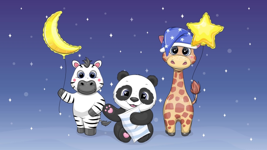 Baby animals with moon and star balloons. Cute cartoon looped animal animation. Night background with panda, giraffe and zebra. Royalty-Free Stock Footage #1095300409