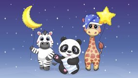 Baby animals with moon and star balloons. Cute cartoon looped animal animation. Night background with panda, giraffe and zebra.